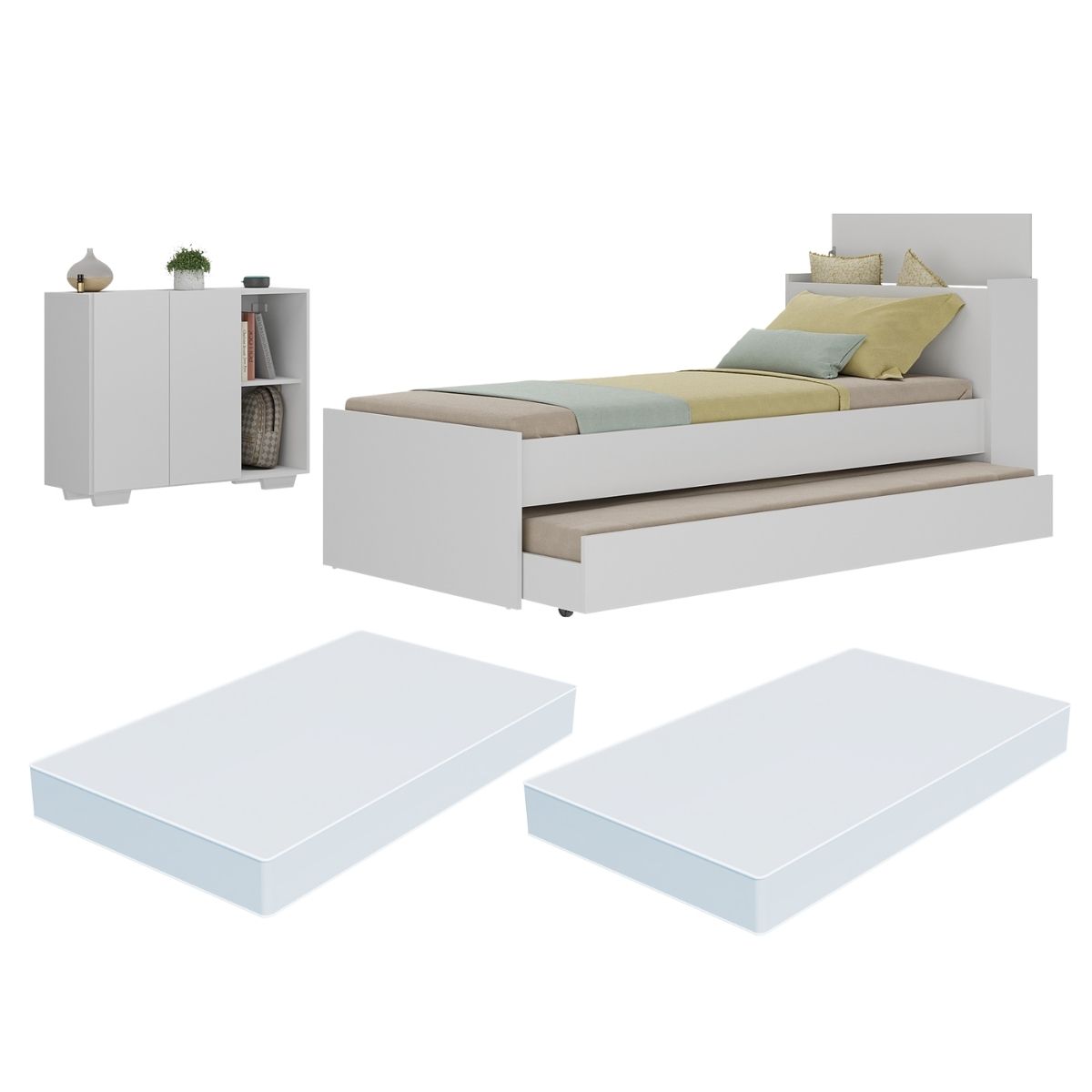 Conjunto Quarto Bicama com Colchão e Baú/Balcão 2 Portas Multimóveis MP4219 Branco
