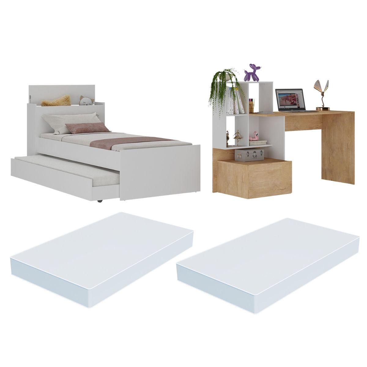 Conjunto Quarto Bicama com Colchão e Baú/Escrivaninha Multimóveis MP4224 Branco/Rustic