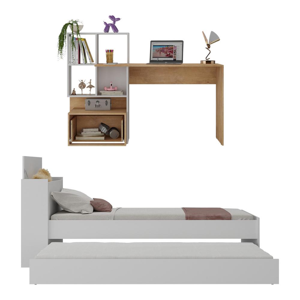 Conjunto Quarto Bicama com Colchão e Baú/Escrivaninha Multimóveis MP4224 Branco/Rustic