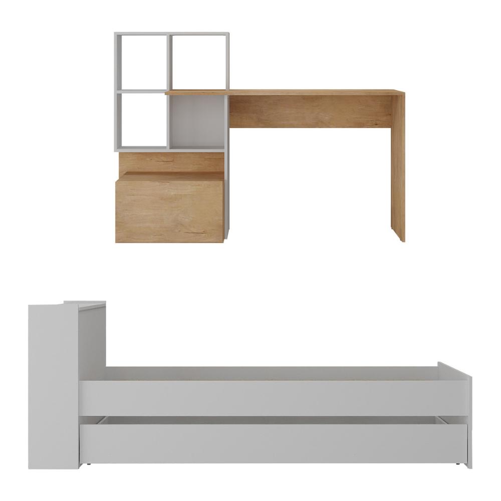Conjunto Quarto Bicama com Colchão e Baú/Escrivaninha Multimóveis MP4224 Branco/Rustic