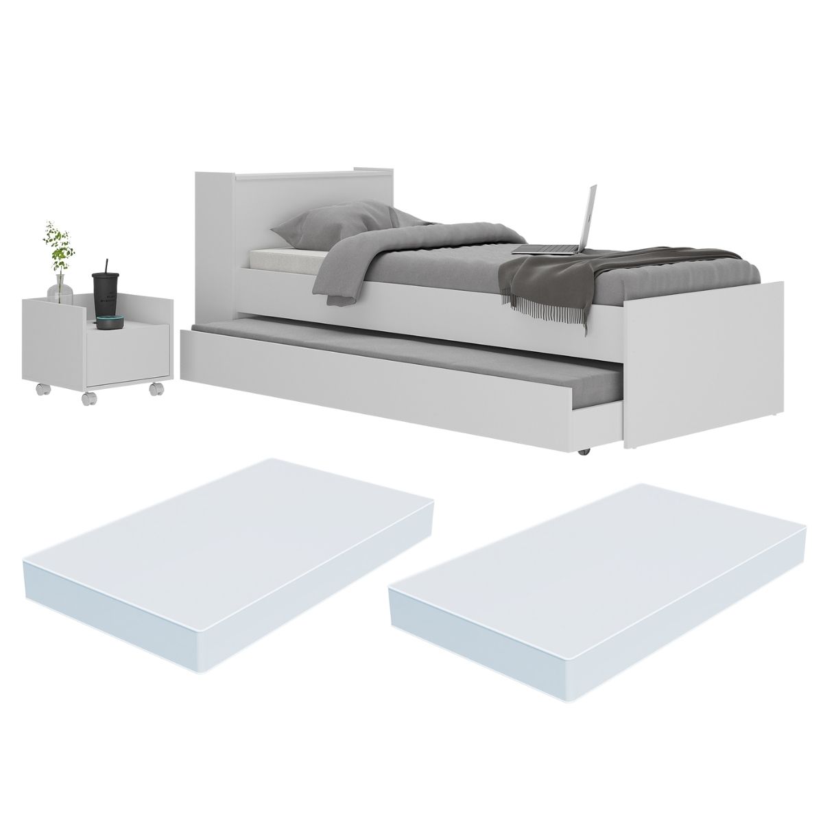 Conjunto Quarto Bicama com Colchão e Baú/Mesa de Cabeceira Multimóveis MP4223 Branco