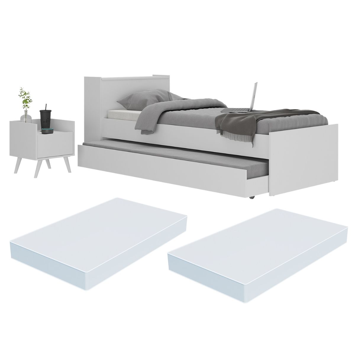 Conjunto Quarto Bicama com Colchão e Baú/Mesa de Cabeceira Retrô Multimóveis MP4222 Branco