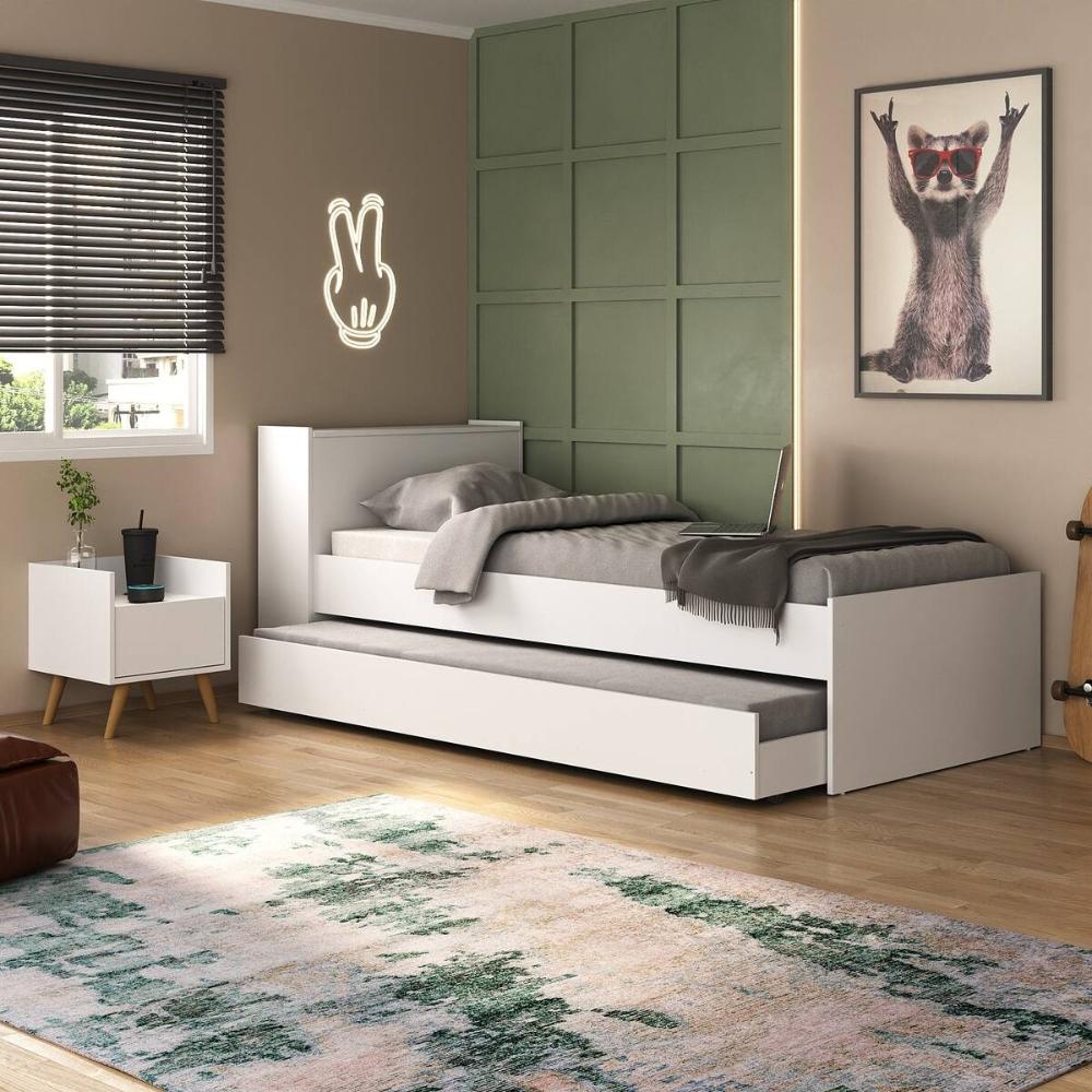 Conjunto Quarto Bicama com Colchão e Baú/Mesa de Cabeceira Retrô Multimóveis MP4222 Branco/Natural