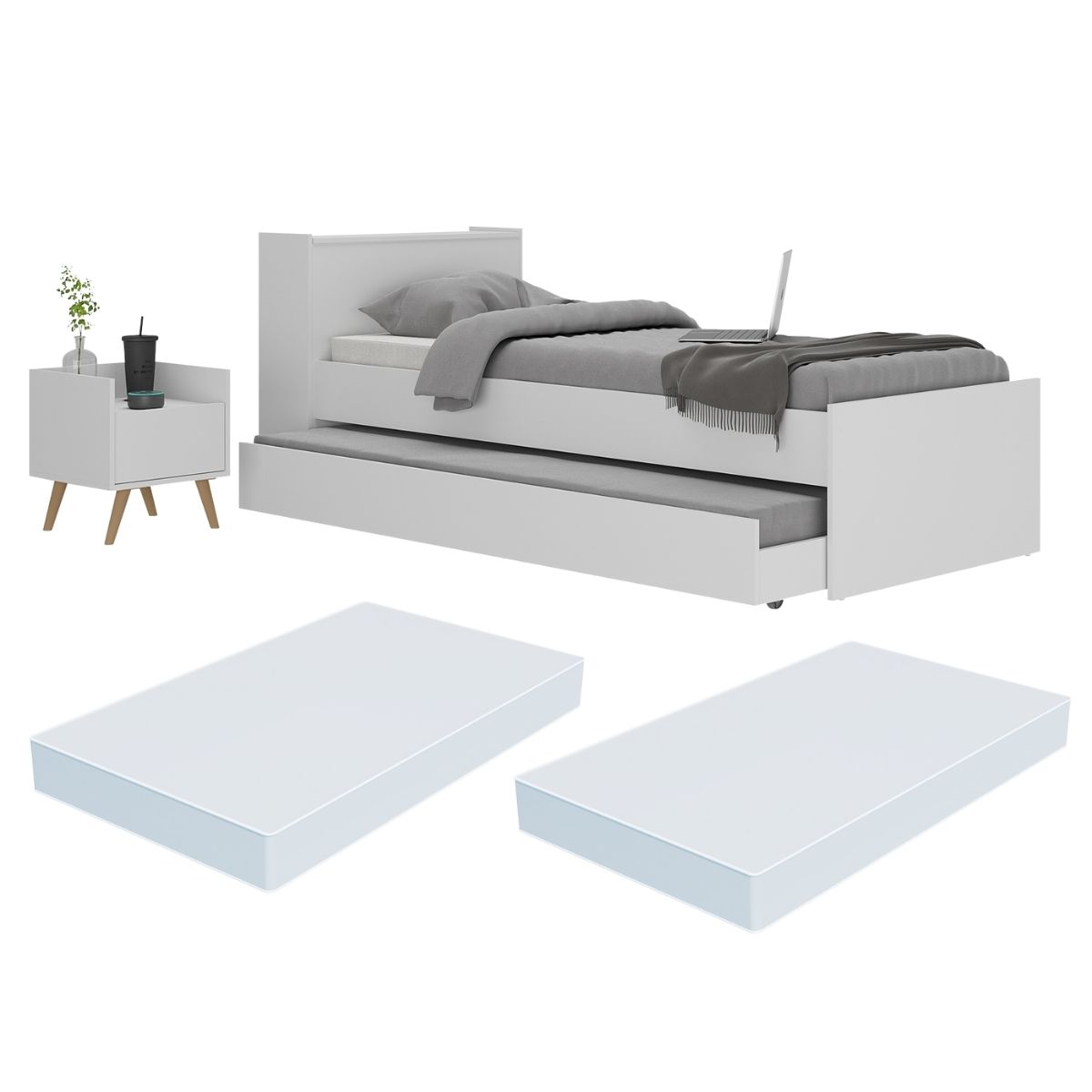 Conjunto Quarto Bicama com Colchão e Baú/Mesa de Cabeceira Retrô Multimóveis MP4222 Branco/Natural