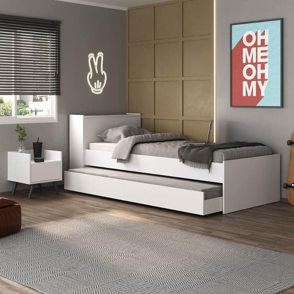 Conjunto Quarto Bicama com Colchão e Baú/Mesa de Cabeceira Retrô Multimóveis MP4222 Branco/Preto