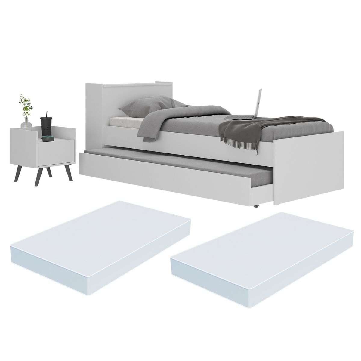 Conjunto Quarto Bicama com Colchão e Baú/Mesa de Cabeceira Retrô Multimóveis MP4222 Branco/Preto