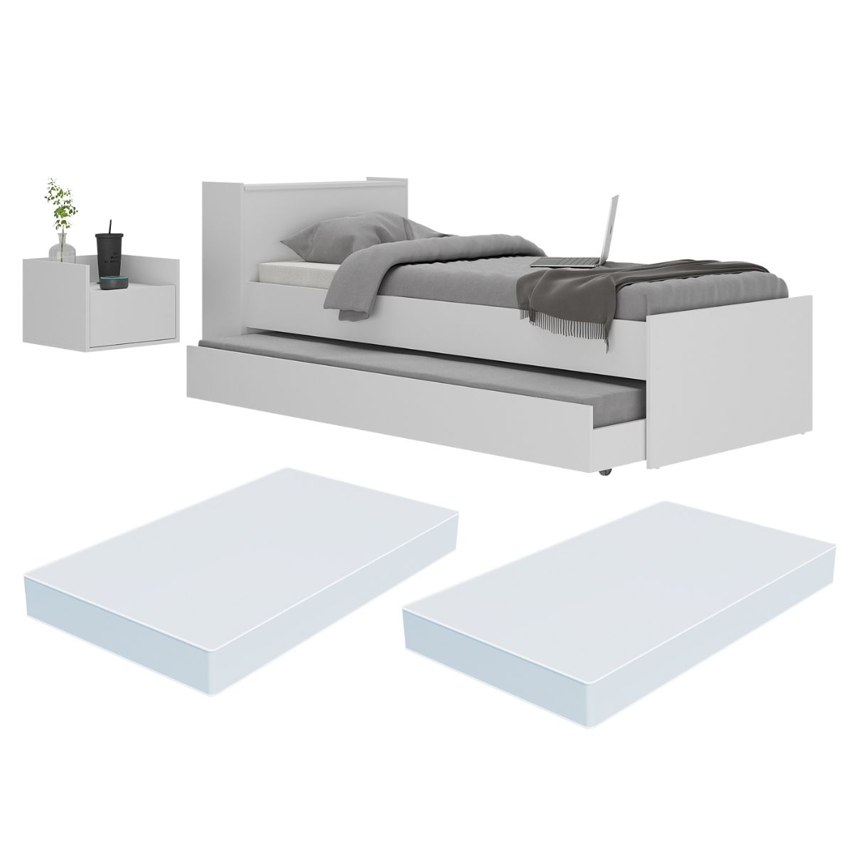 Conjunto Quarto Bicama com Colchão e Baú/Mesa de Cabeceira Suspensa Multimóveis MP4221 Branco