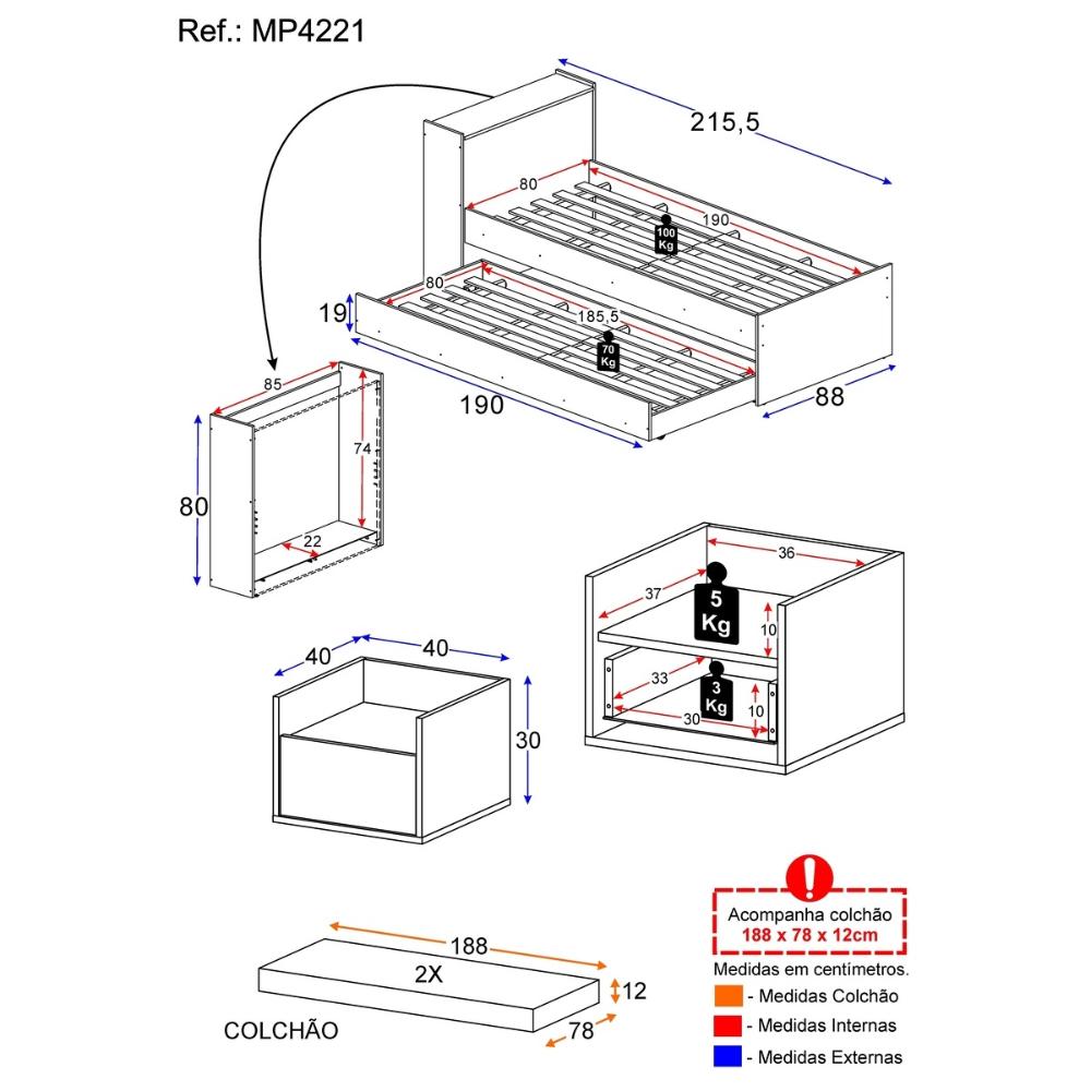 Conjunto Quarto Bicama com Colchão e Baú/Mesa de Cabeceira Suspensa Multimóveis MP4221 Branco
