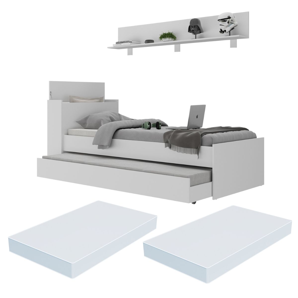 Conjunto Quarto Bicama com Colchão e Baú/Prateleira 175cm Multimóveis MP4220 Branco