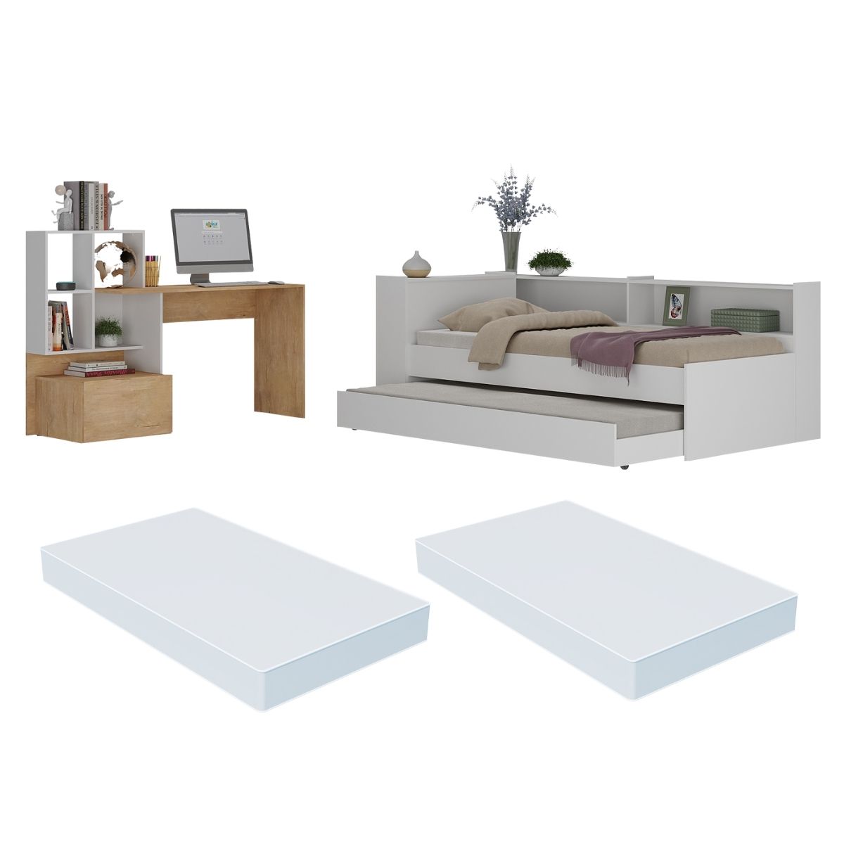 Conjunto Quarto Bicama com Colchão e Baú/Prateleira/Escrivaninha Multimóveis MP4228 Branco/Rustic