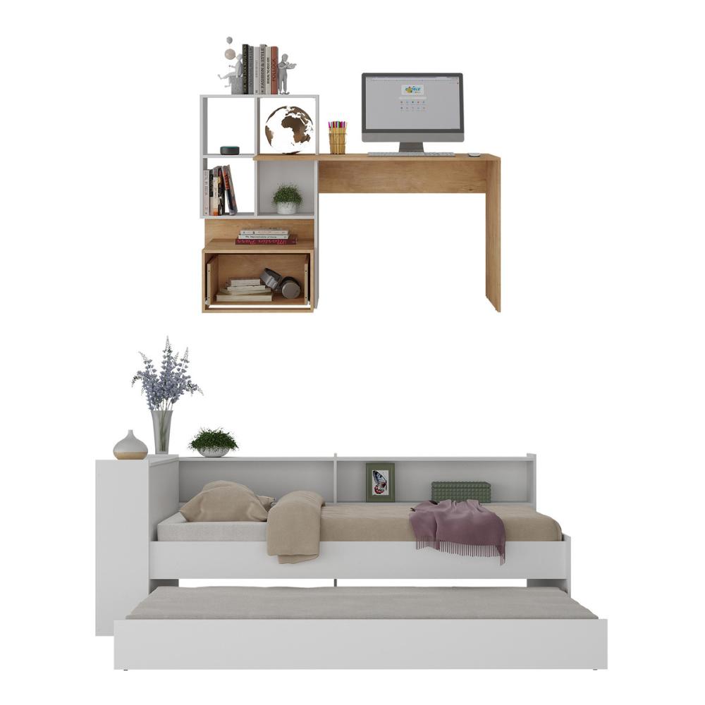 Conjunto Quarto Bicama com Colchão e Baú/Prateleira/Escrivaninha Multimóveis MP4228 Branco/Rustic
