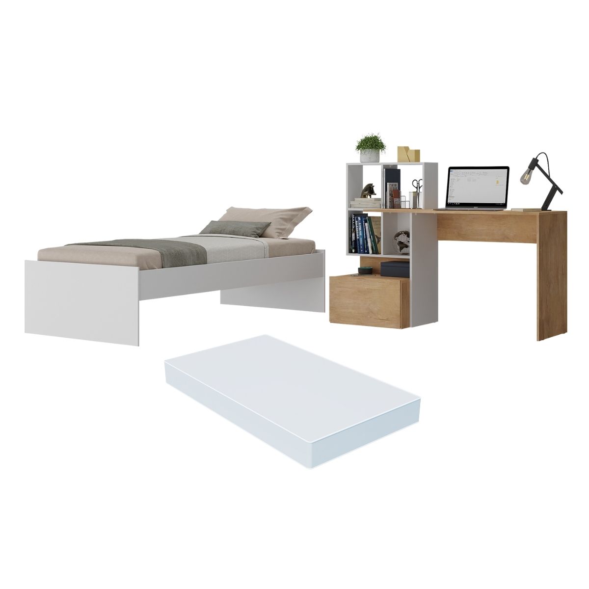 Conjunto Quarto Cama Solteiro com Colchão/Escrivaninha Multimóveis MP4226 Branco/Rustic