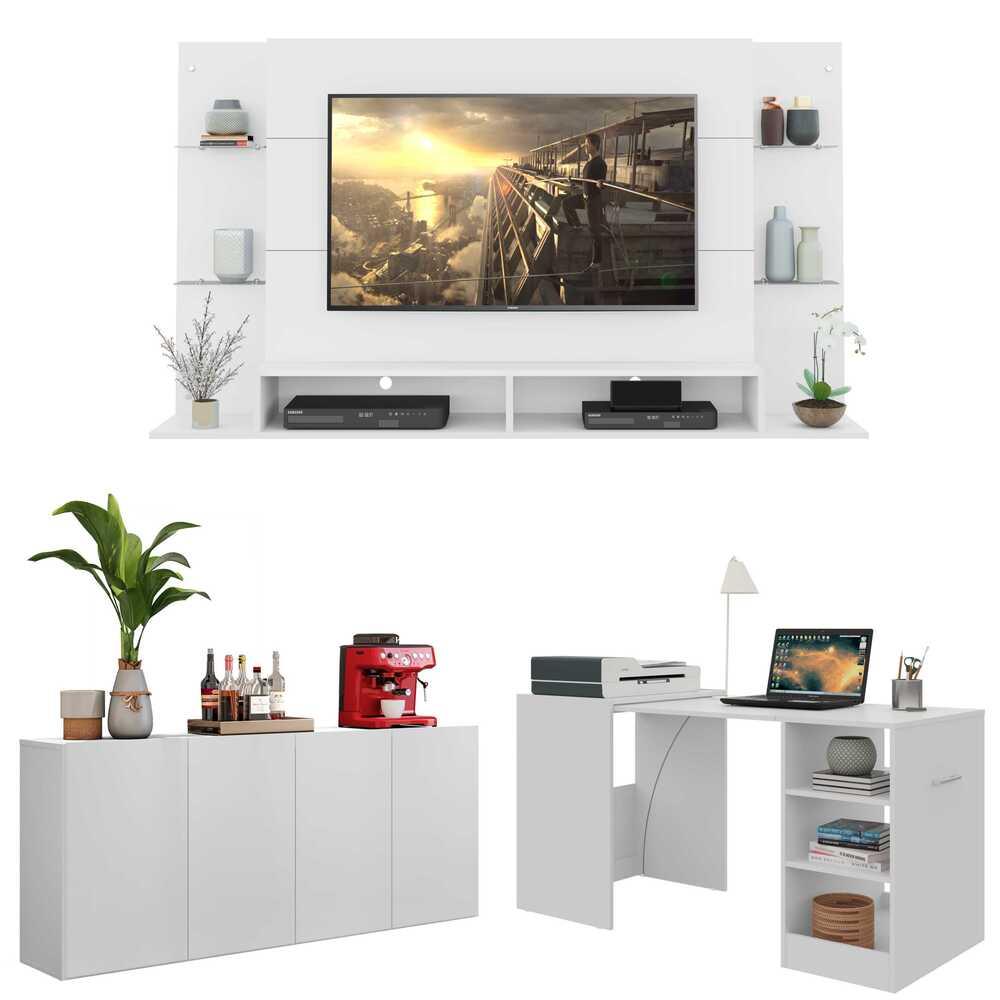 Conjunto Sala de Estar Painel TV 60" / Aparador / Mesa Dobrável Lara Multimóveis Branco