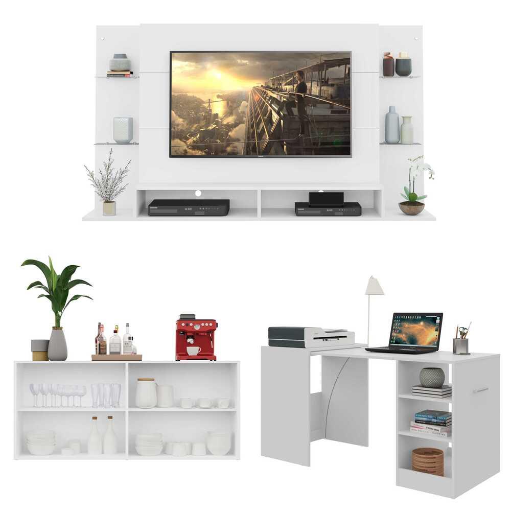 Conjunto Sala de Estar Painel TV 60" / Aparador / Mesa Dobrável Lara Multimóveis Branco