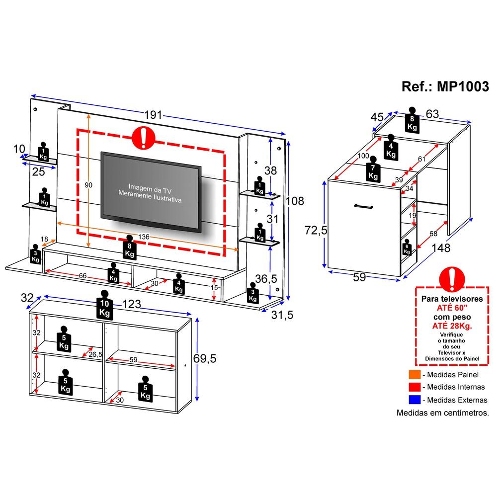 Conjunto Sala de Estar Painel TV 60" / Aparador / Mesa Dobrável Lara Multimóveis Preto