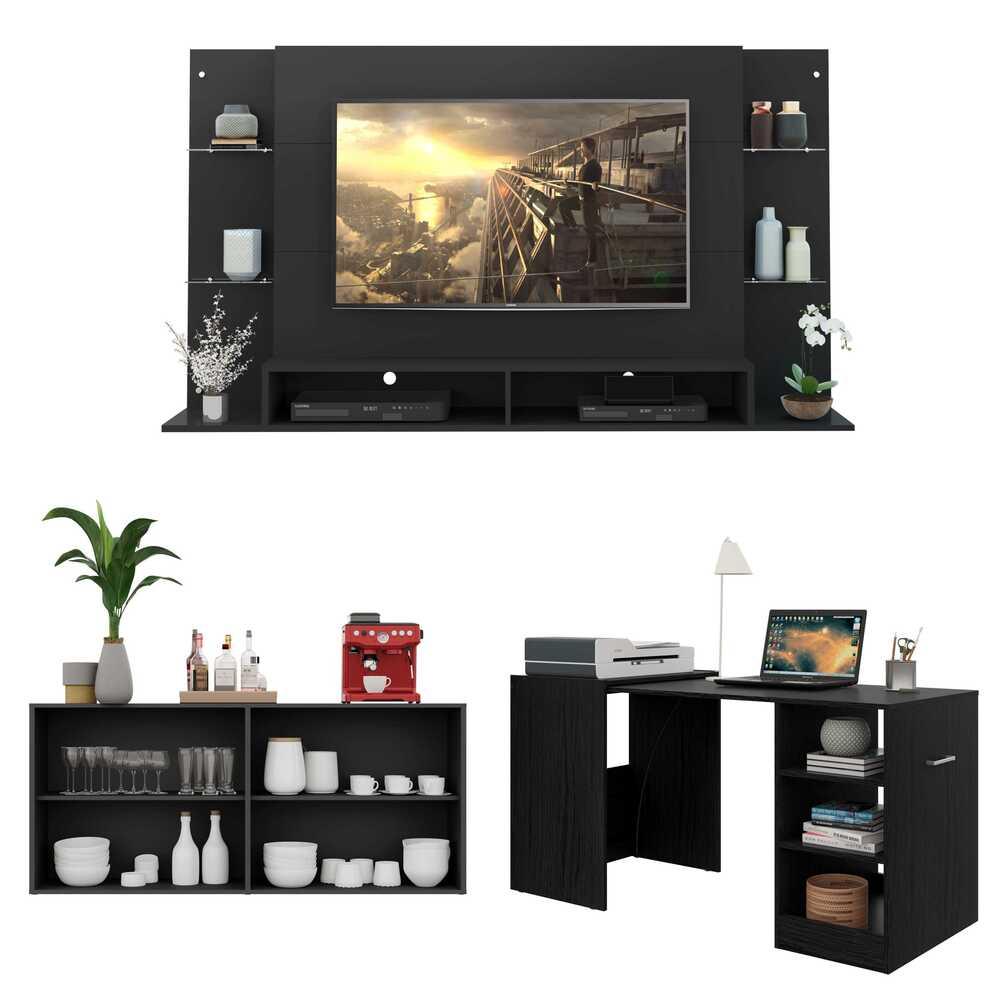 Conjunto Sala de Estar Painel TV 60" / Aparador / Mesa Dobrável Lara Multimóveis Preto