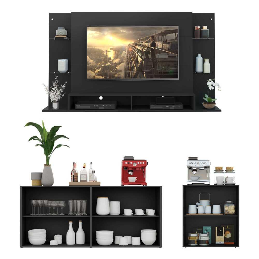 Conjunto Sala de Estar Painel TV 60" e 2 Aparadores Olívia Multimóveis Preto