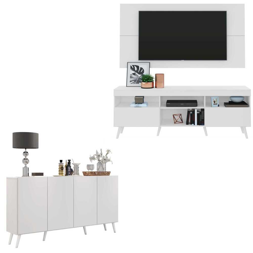 Conjunto Sala de Estar Rack + Painel TV 65" e Aparador Retrô Sofia Multimóveis Branco