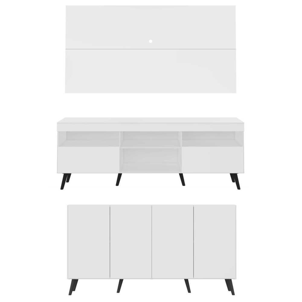 Conjunto Sala de Estar Rack + Painel TV 65" e Aparador Retrô Sofia Multimóveis Branco/Preto