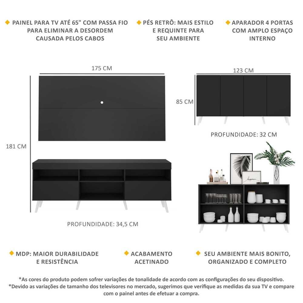 Conjunto Sala de Estar Rack + Painel TV 65" e Aparador Retrô Sofia Multimóveis Preto/Branco