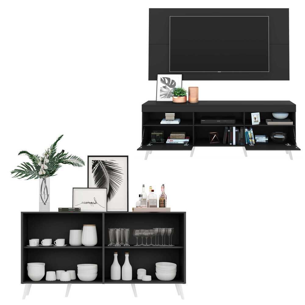 Conjunto Sala de Estar Rack + Painel TV 65" e Aparador Retrô Sofia Multimóveis Preto/Branco