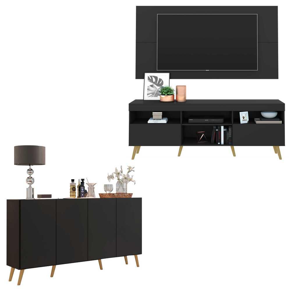 Conjunto Sala de Estar Rack + Painel TV 65" e Aparador Retrô Sofia Multimóveis Preto/Natural