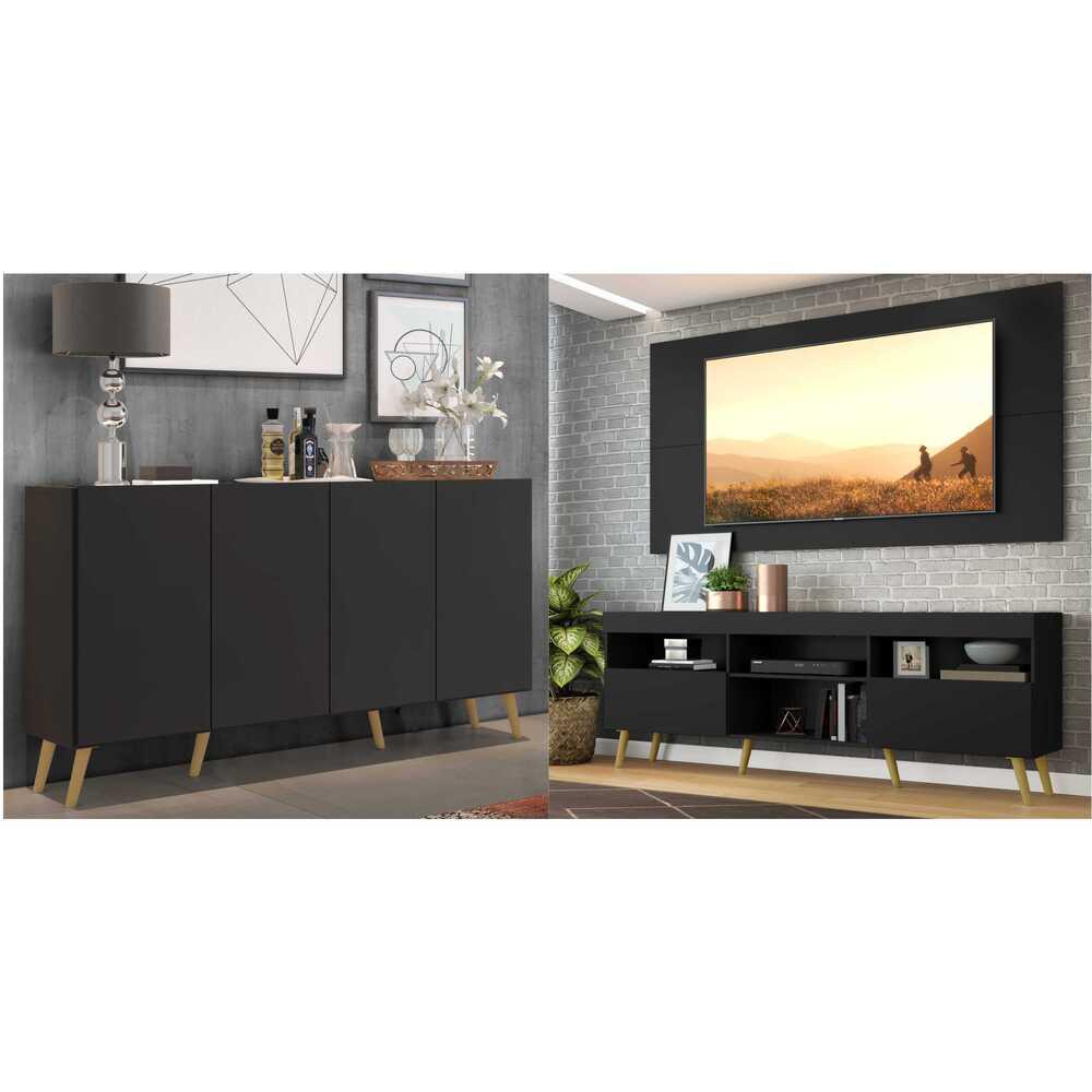 Conjunto Sala de Estar Rack + Painel TV 65" e Aparador Retrô Sofia Multimóveis Preto/Natural