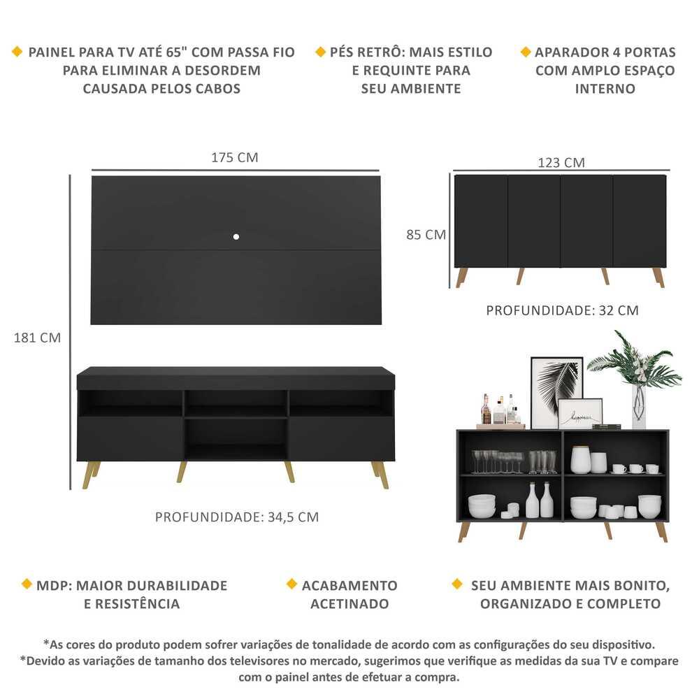 Conjunto Sala de Estar Rack + Painel TV 65" e Aparador Retrô Sofia Multimóveis Preto/Natural