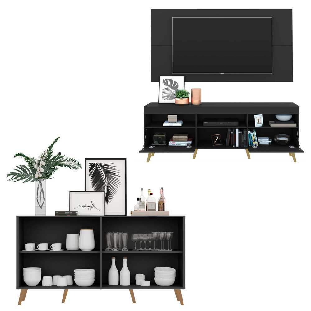 Conjunto Sala de Estar Rack + Painel TV 65" e Aparador Retrô Sofia Multimóveis Preto/Natural