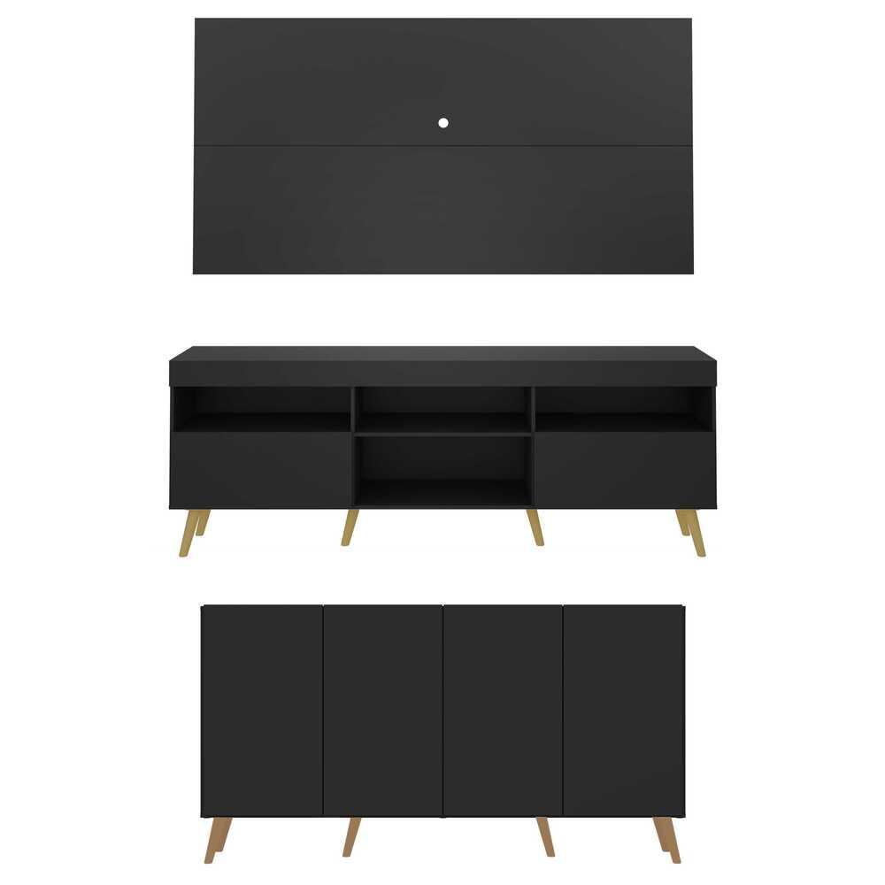 Conjunto Sala de Estar Rack + Painel TV 65" e Aparador Retrô Sofia Multimóveis Preto/Natural