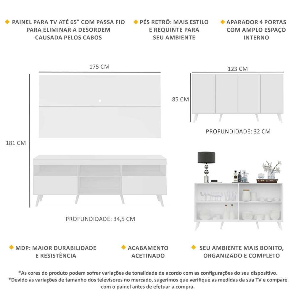 Conjunto Sala de Estar Rack/Painel TV/Aparador Multimóveis Sofia FG1005 Branco