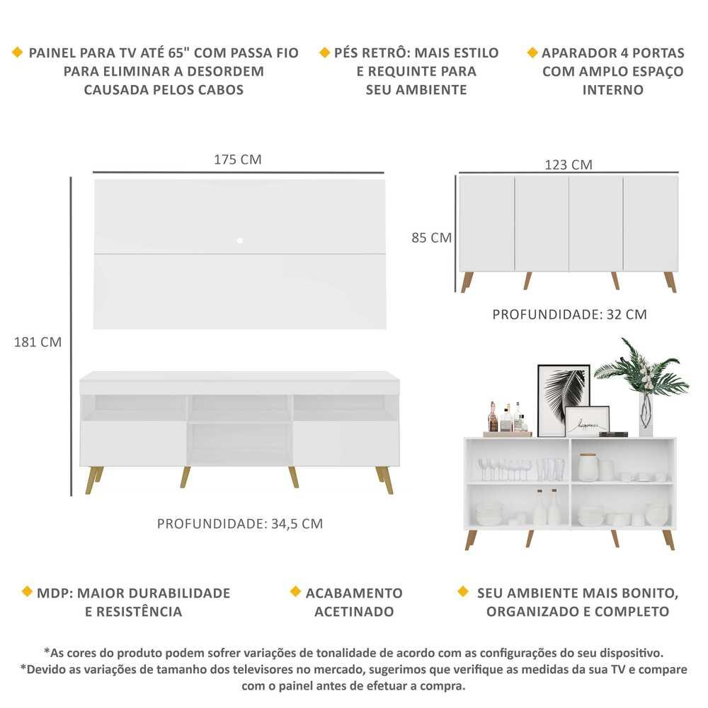 Conjunto Sala de Estar Rack/Painel TV/Aparador Multimóveis Sofia FG1005 Branco/Natural