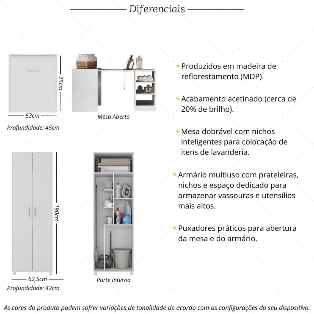 Conjunto de Armário Lavanderia 2 Portas com Mesa Dobrável Multimóveis MP5060 Branco