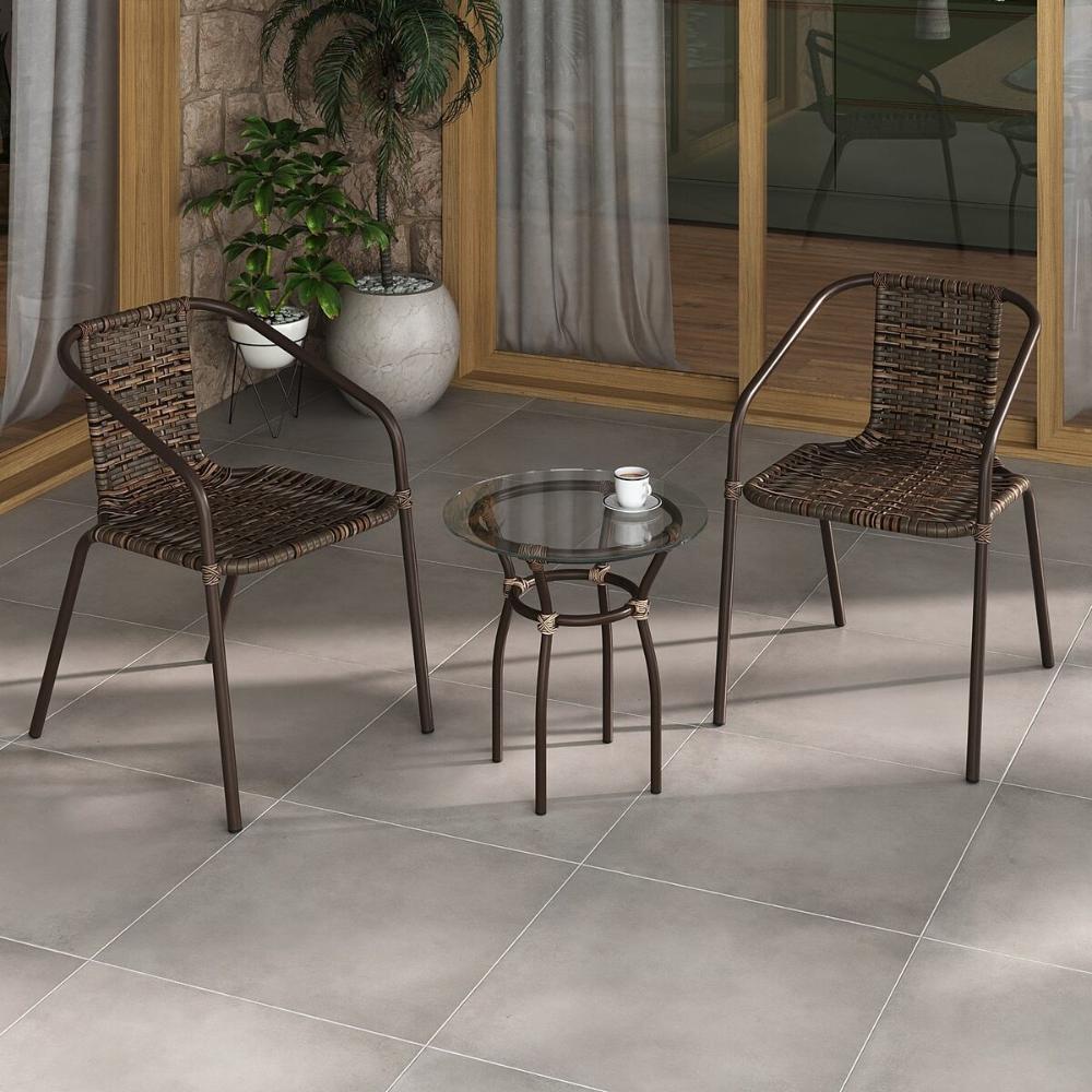 Conjunto para Jardim com Mesa de Centro Vidro 50cm e 2 Cadeiras Junco Sintético Multimóveis CR8007 Café Mesclado