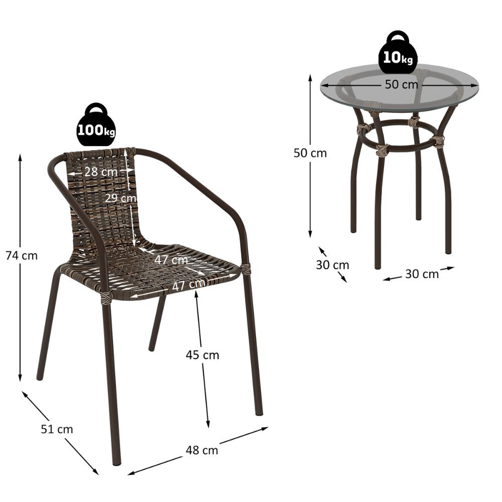 Conjunto para Jardim com Mesa de Centro Vidro 50cm e 2 Cadeiras Junco Sintético Multimóveis CR8007 Café Mesclado