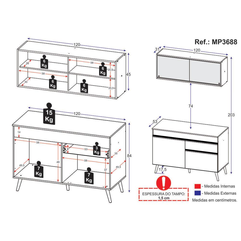 Cozinha Compacta 2 pç c/ Armário e Balcão MP3688 Veneza GW Multimóveis Branca