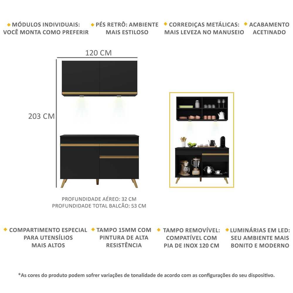 Cozinha Compacta 2 peças com Leds MP2012 Veneza Up Multimóveis Preta