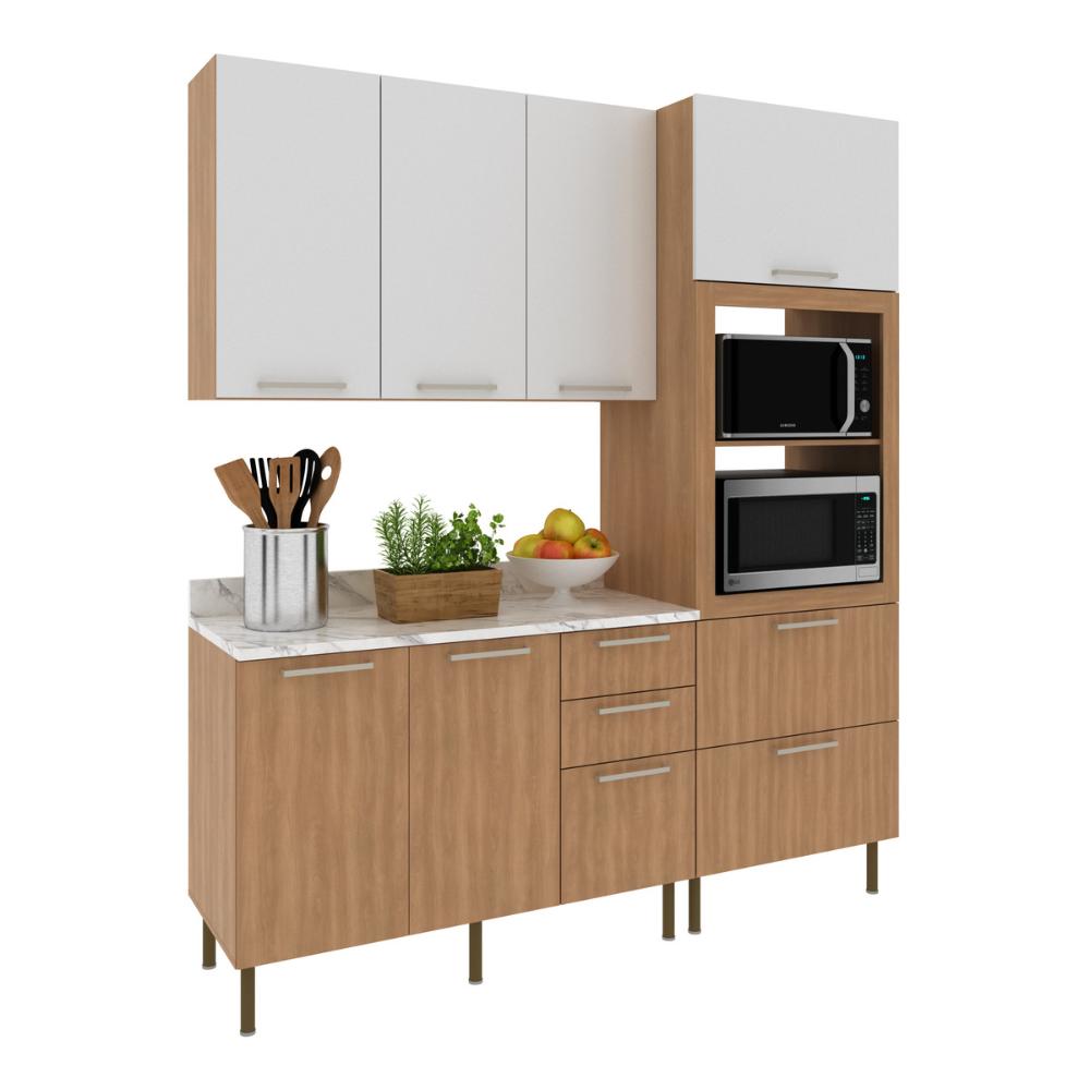 Cozinha Compacta 3 Peças com Armário Paneleiro e Balcão com Tampo Multimóveis CR20450 Freijó/Branco/Mármore Branco