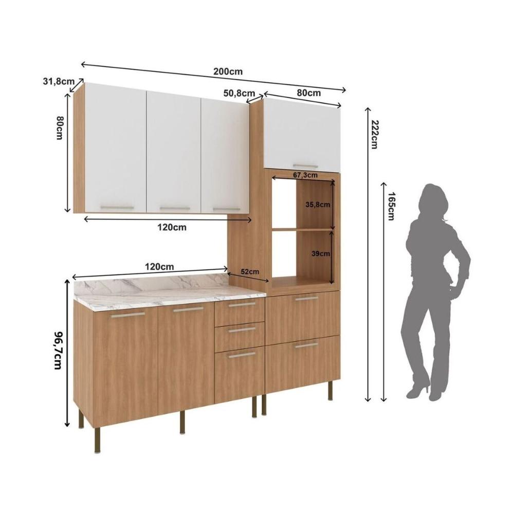 Cozinha Compacta 3 Peças com Armário Paneleiro e Balcão com Tampo Multimóveis CR20450 Freijó/Branco/Mármore Branco