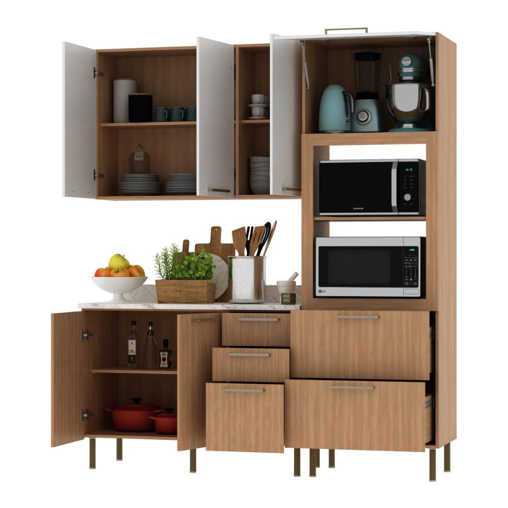 Cozinha Compacta 3 Peças com Armário Paneleiro e Balcão com Tampo Multimóveis CR20450 Freijó/Branco/Mármore Branco