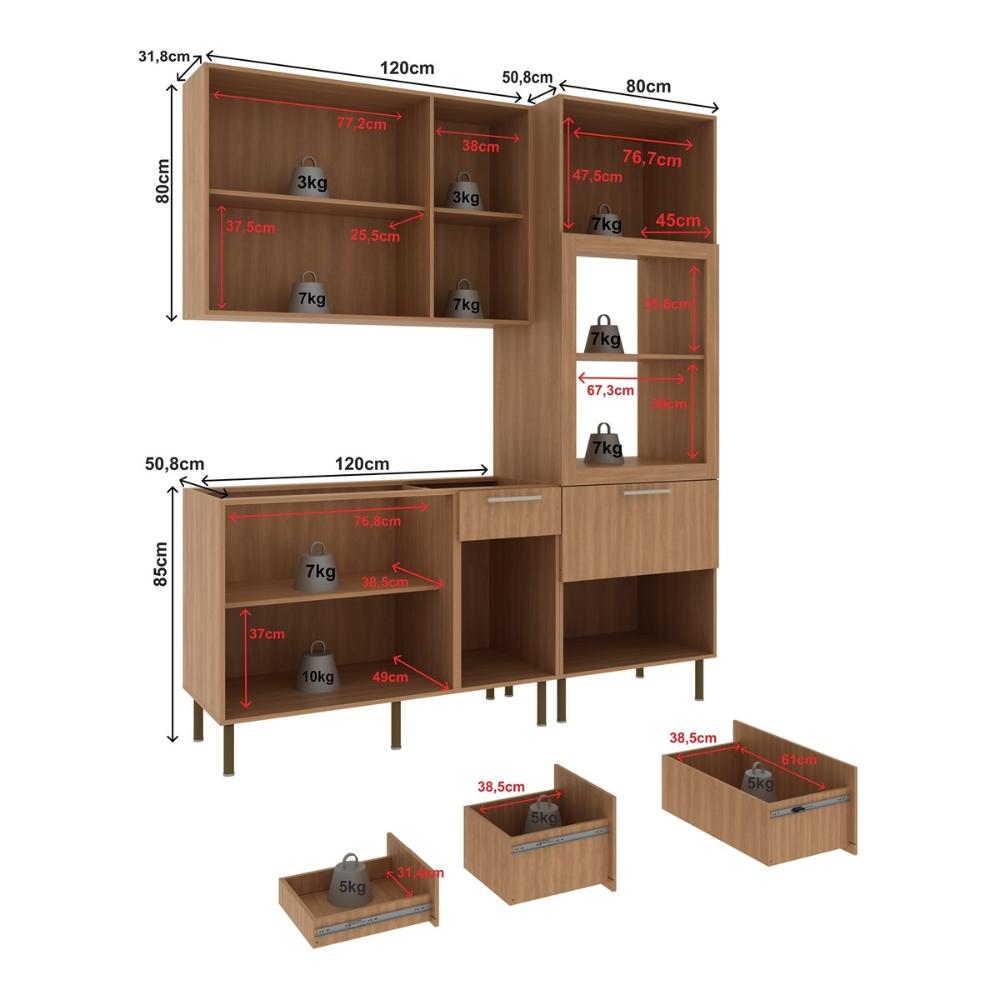 Cozinha Compacta 3 Peças com Armário Paneleiro e Balcão com Tampo Multimóveis CR20450 Freijó/Branco/Mármore Branco
