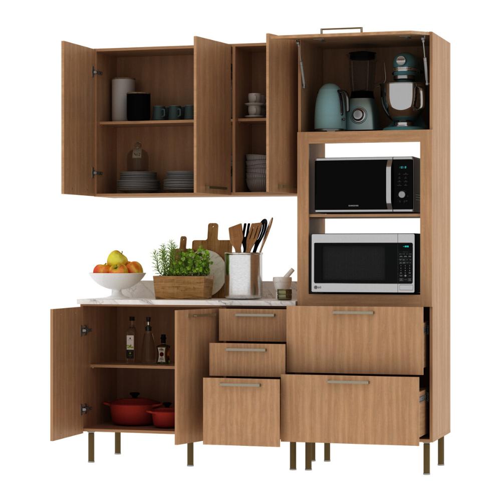 Cozinha Compacta 3 Peças com Armário Paneleiro e Balcão com Tampo Multimóveis CR20450 Freijó/Mármore Branco