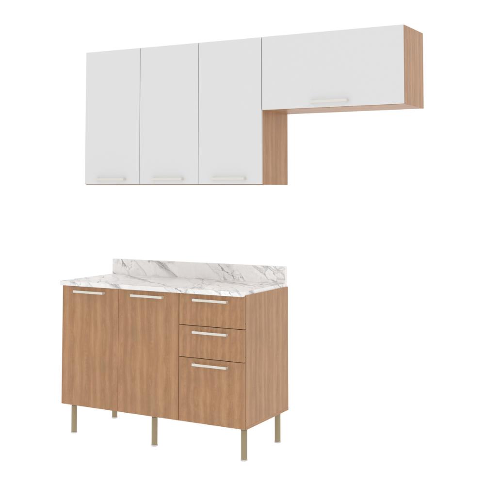 Cozinha Compacta 3 Peças com Armários e Balcão com Tampo Multimóveis CR20449 Freijó/Branco/Mármore Branco