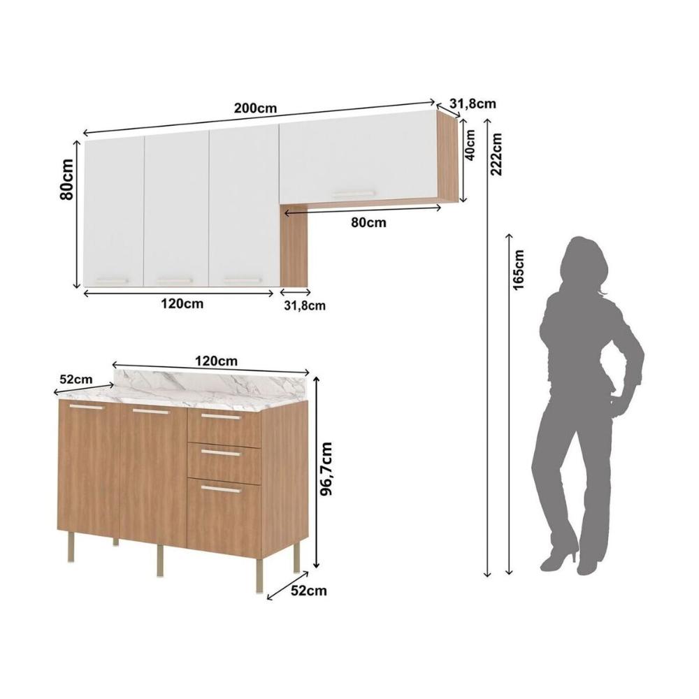 Cozinha Compacta 3 Peças com Armários e Balcão com Tampo Multimóveis CR20449 Freijó/Branco/Mármore Branco