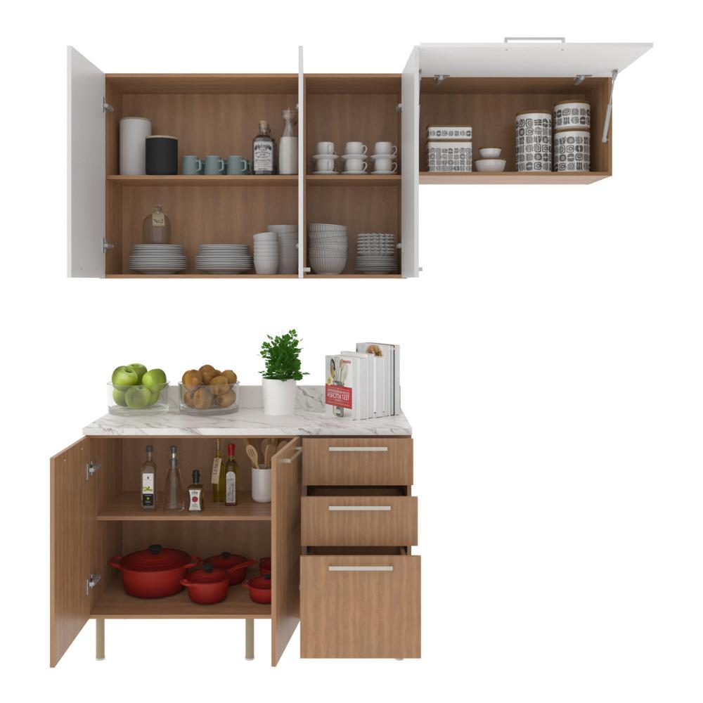 Cozinha Compacta 3 Peças com Armários e Balcão com Tampo Multimóveis CR20449 Freijó/Branco/Mármore Branco
