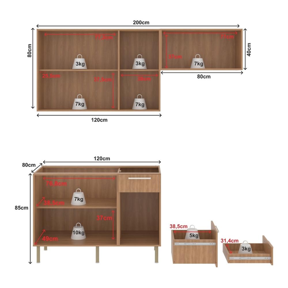 Cozinha Compacta 3 Peças com Armários e Balcão com Tampo Multimóveis CR20449 Freijó/Branco/Mármore Branco
