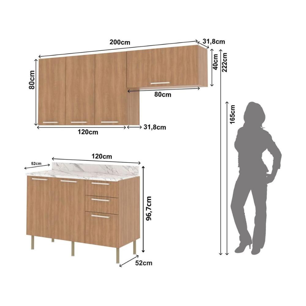 Cozinha Compacta 3 Peças com Armários e Balcão com Tampo Multimóveis CR20449 Freijó/Mármore Branco