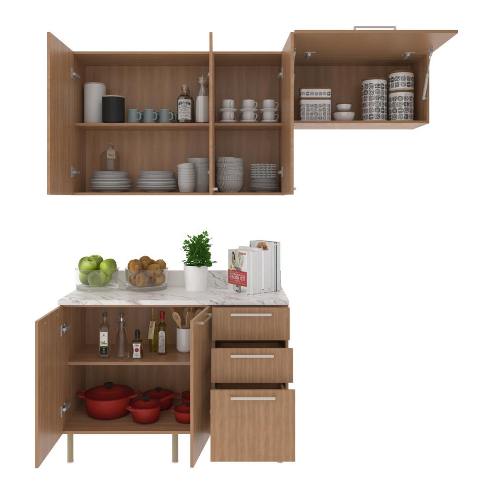 Cozinha Compacta 3 Peças com Armários e Balcão com Tampo Multimóveis CR20449 Freijó/Mármore Branco
