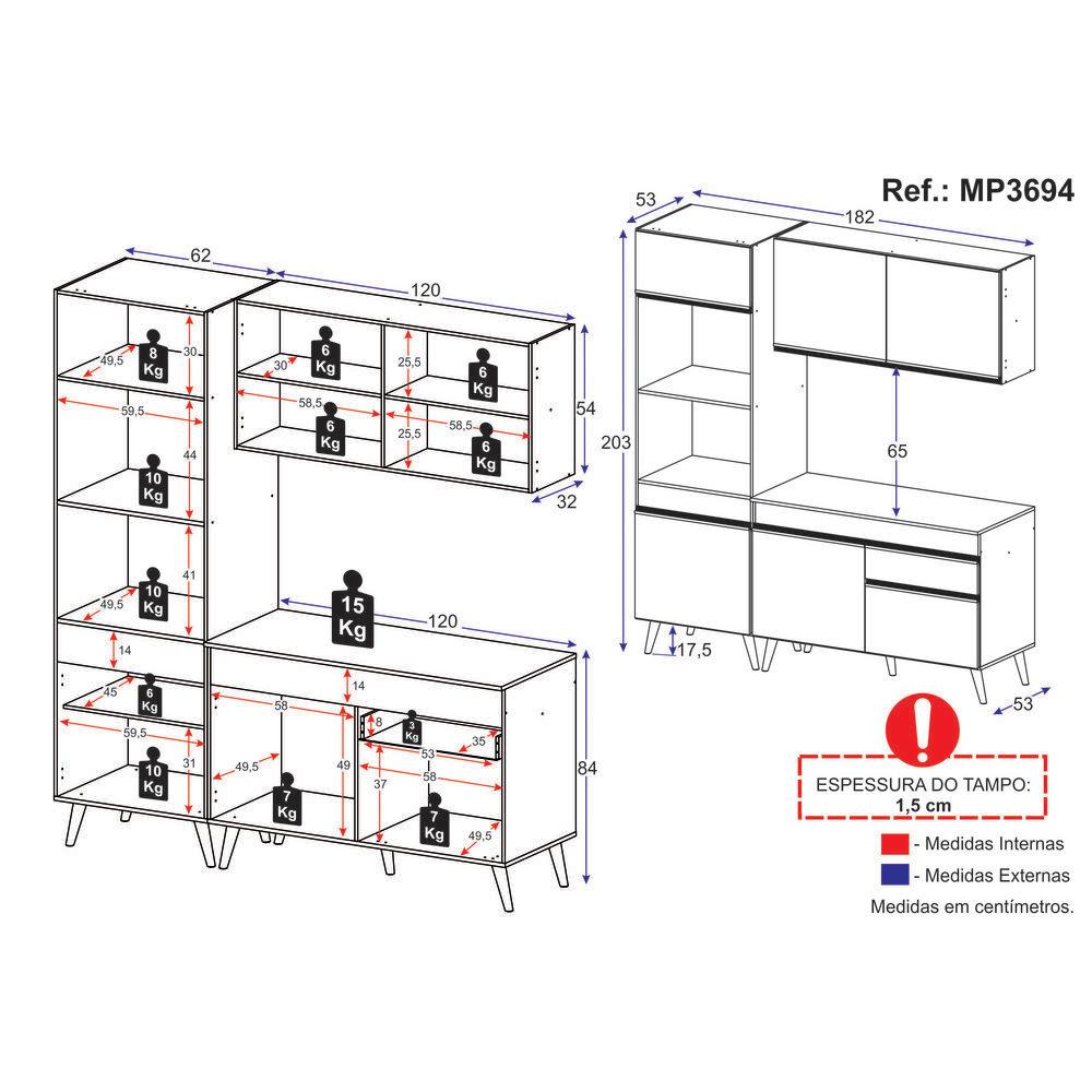 Cozinha Compacta 3 pç c/ Armário e Balcão MP3694 Veneza GB Preta