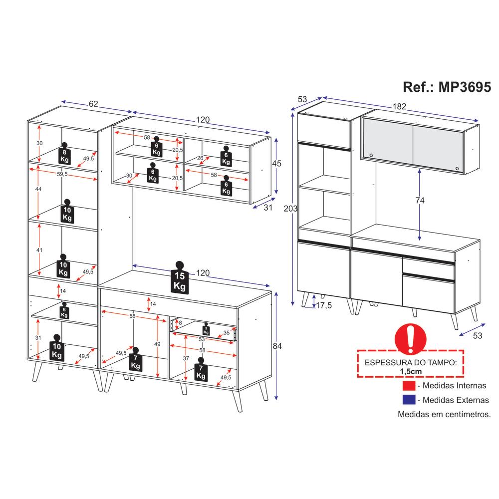 Cozinha Compacta 3 pç c/ Armário e Balcão MP3695 Veneza GB Preta